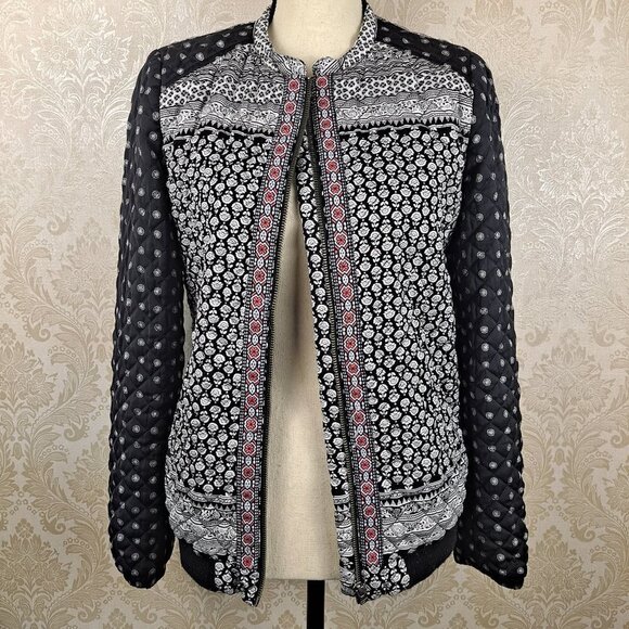 Roxy Size Medium Full Zip Quilted Black & White Patterned Jacket Pink Accents - Picture 1 of 13